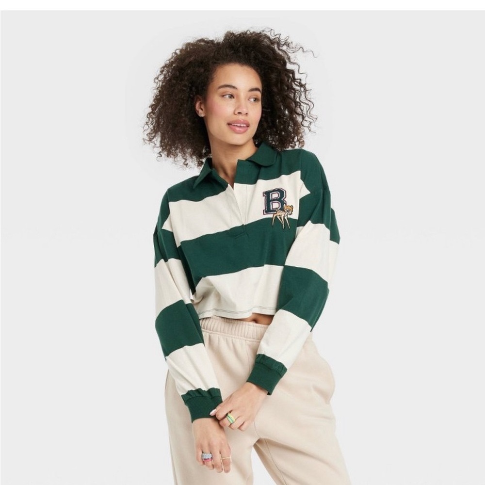 Woman’s Disney Bambi long sleeve striped graphic polo t shirt Ivory M